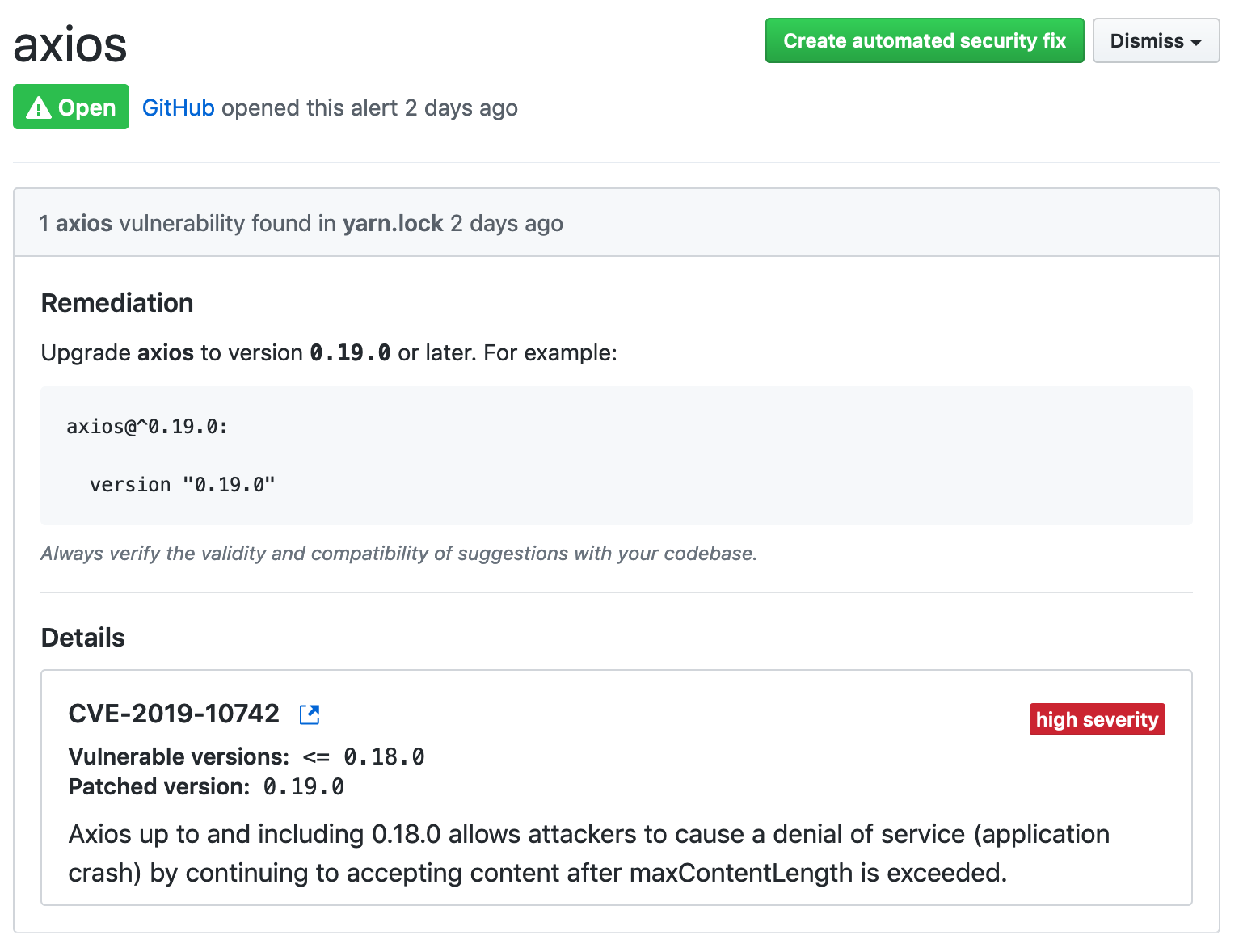 Screenshot of a GitHub notice describing a high severity CVE issued for axiosand recommending to update from 0.18.0 to0.19.0