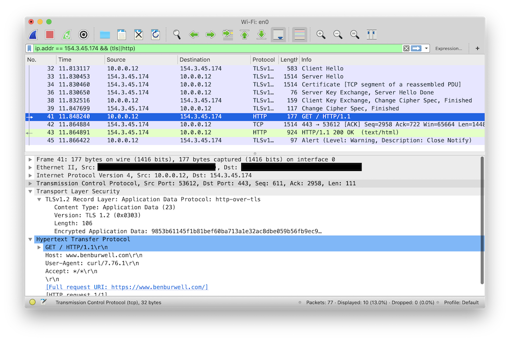 A Wireshark packet capture showing TLS protocol packets and decrypted HTTPtraffic