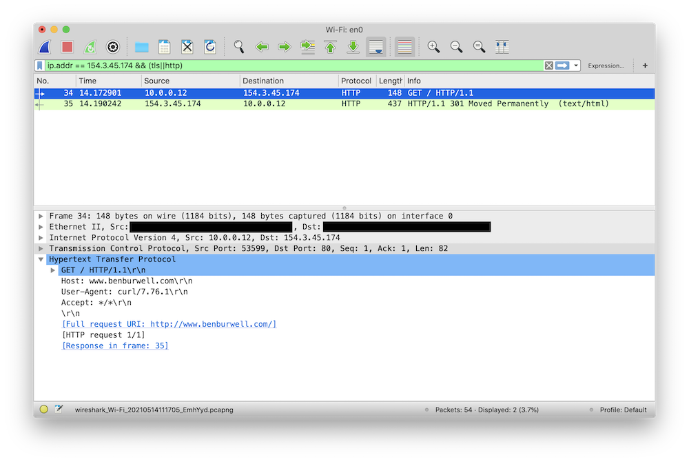 A Wireshark packet capture showing a plain HTTP request andresponse
