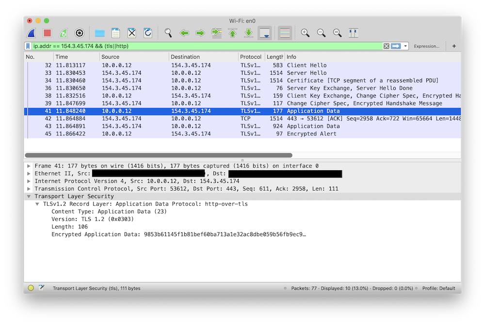 A Wireshark packet capture showing encrypted TLS applicationdata